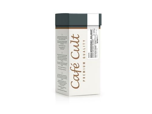 Opakowanie kawy ziarnistej Cafe Cult Premium India Monsooned Malabar 250 g, jasne pudełko z ciemnym wieczkiem.