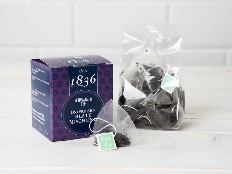 Czarna herbata Ostfriesen Blattmischung – opakowanie i piramidki