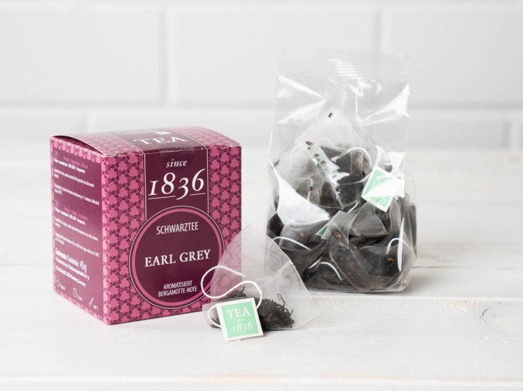Herbata czarna Earl Grey 1836 w piramidkach – pudełko 15 x 3 g oraz worek z piramidkami