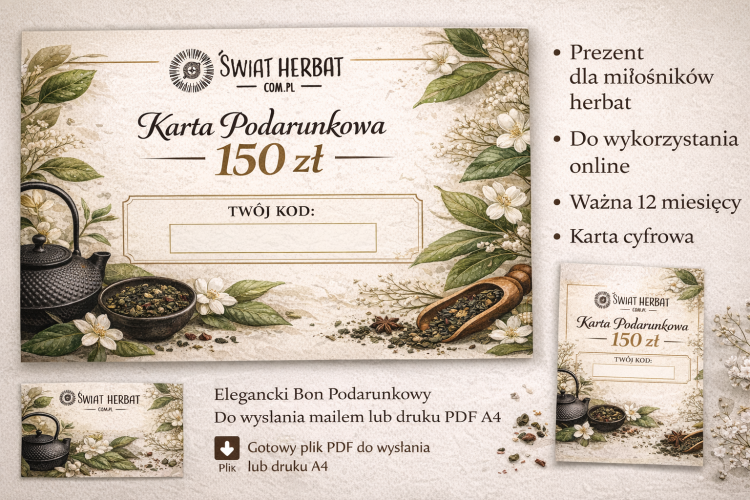 karta podarunkowa 150 zł Świat Herbat elegancki voucher prezentowy do wykorzystania online