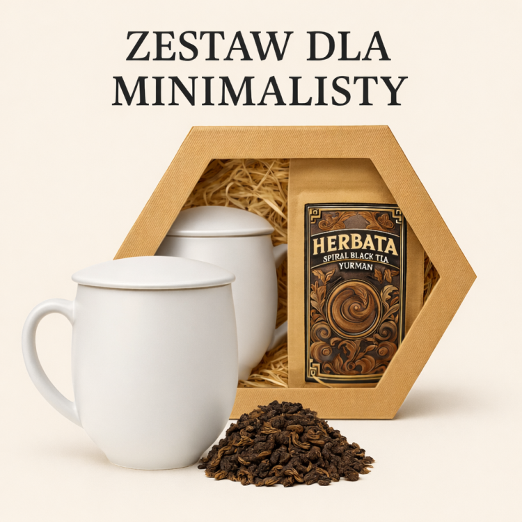 Minimalistyczny zestaw z czarną herbatą Yunnan i białym kubkiem z zaparzaczem – prezent dla mężczyzny