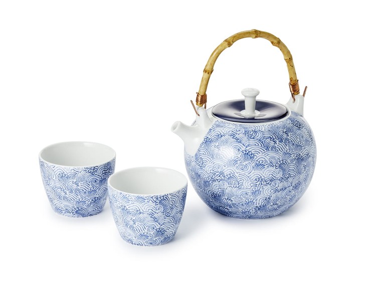Zestaw do herbaty Mizu 0,8 l – porcelanowy czajnik z motywem Seigaiha i dwie czarki