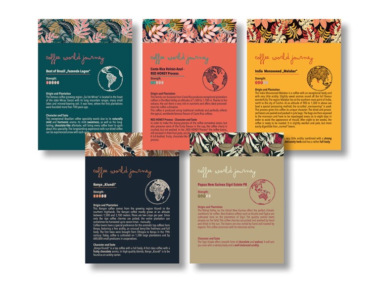 Karty informacyjne do zestawu 5 kaw świata – opis regionów i profilu smakowego (język angielski i niemiecki)