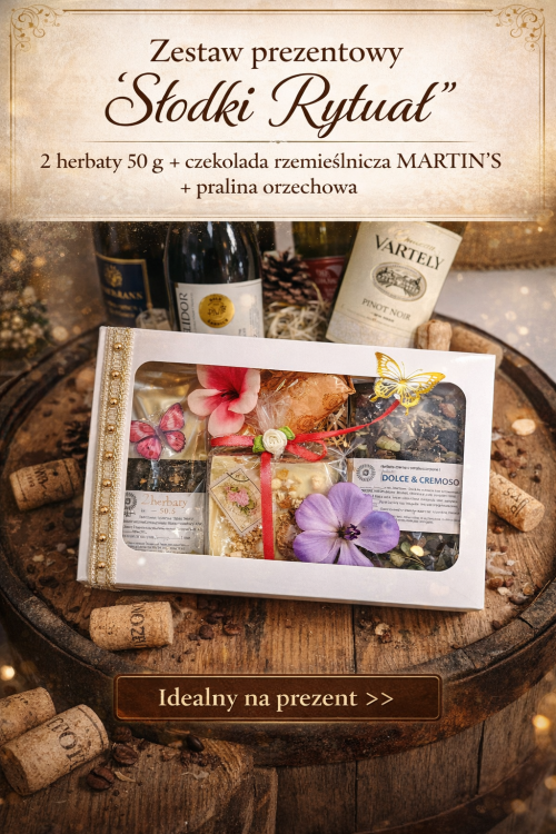 Zestaw prezentowy „Słodki Rytuał” – 2 herbaty czarne 50 g, czekolada rzemieślnicza MARTIN’S i pralina orzechowa w eleganckim pudełku z okienkiem, pakowanie autorskie Świat Herbat Tarnobrzeg