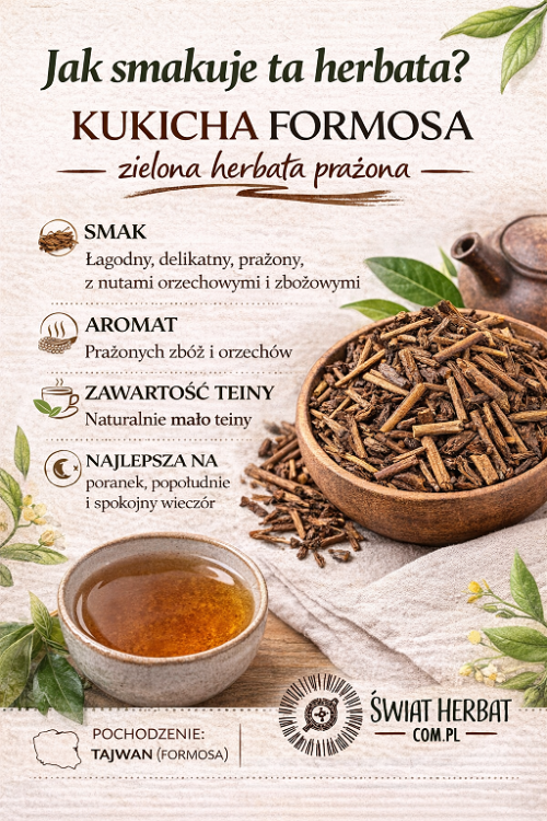 Kukicha Formosa zielona herbata prażona z łodyżek herbacianych z Tajwanu – smak łagodny z nutami orzechowymi i zbożowymi