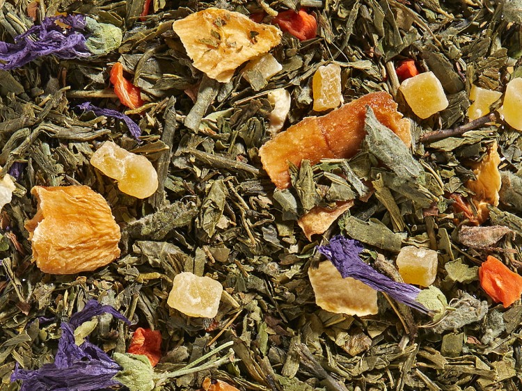 zielona herbata Sencha Tropical Dance z mango marakują i miętą – susz herbaciany