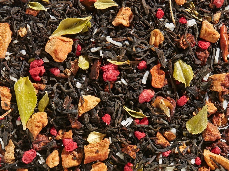czarna herbata aromatyzowana Wiosenna Radość z maliną i granatem – susz herbaciany z dodatkami owoców