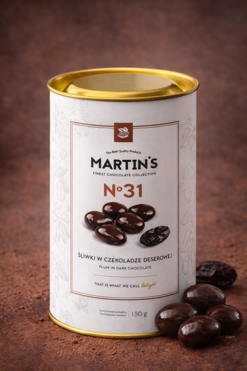 Śliwki w czekoladzie deserowej Martin’s No.31 w eleganckiej tubie 150 g
