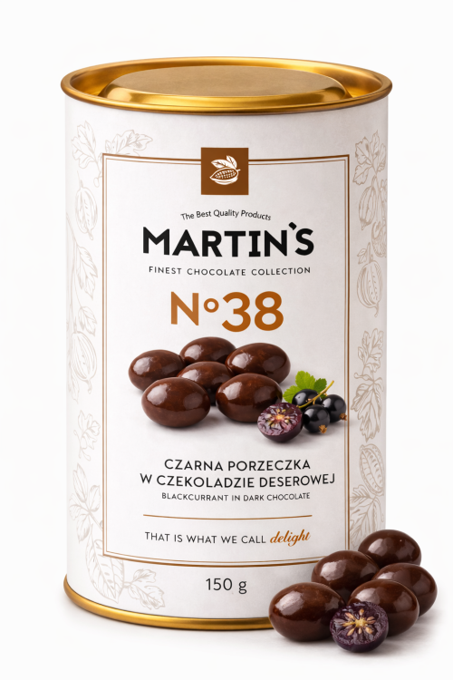Czarna porzeczka w czekoladzie deserowej Martin’s No38 w eleganckiej tubie 150 g