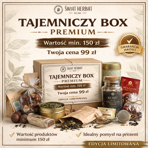 Tajemniczy box premium zestaw herbat słodyczy i akcesoriów świat herbat