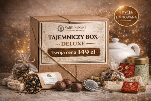 Tajemniczy Box Deluxe Świat Herbat – zestaw herbat premium, słodyczy i akcesoriów do parzenia o wartości minimum 220 zł, cena 149 zł