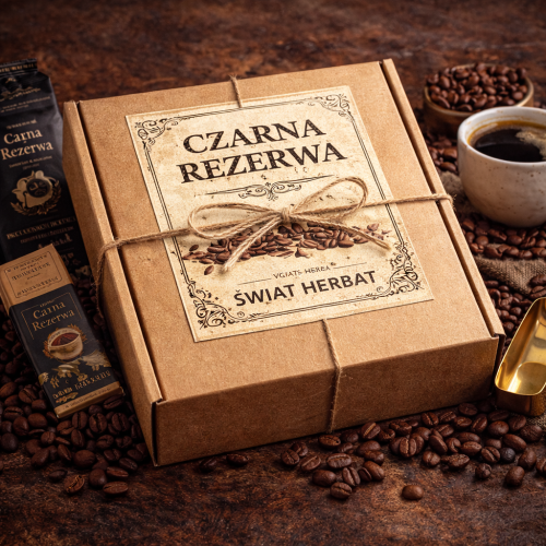 Tajemniczyy box kawa premium – Czarna Rezerwa zestaw kawowy z akcesorium i słodyczami