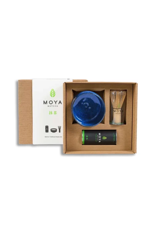 Zestaw do matchy KAZE MOYA z czarką ceramiczną, miotełką chasen i zieloną matchą w pudełku prezentowym