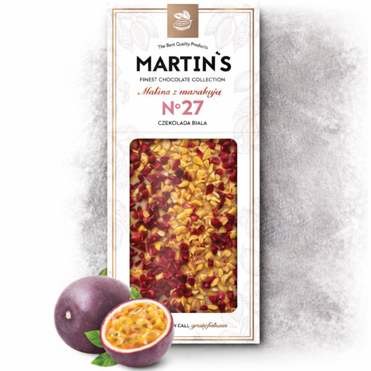 Czekolada biała Martin’s Malina z marakują 85 g z liofilizowanymi owocami na eleganckim tle z marakują
