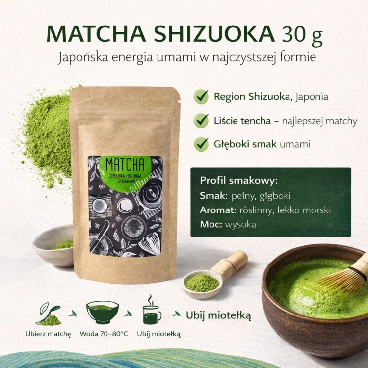 Matcha Shizuoka 30 g – intensywnie zielony proszek japońskiej herbaty w miseczce, przygotowywany tradycyjną miotełką chasen