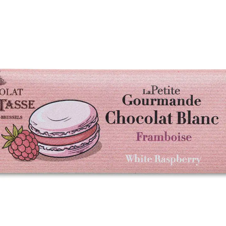 Czekolada biała Café-Tasse White Raspberry 25 g – belgijska mini tabliczka z maliną i bezą