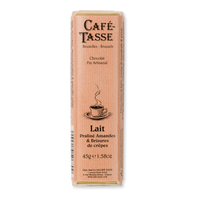 Baton mleczny Café-Tasse Almond Praliné & Crispy Crêpes 45 g – belgijski baton z praliną migdałową