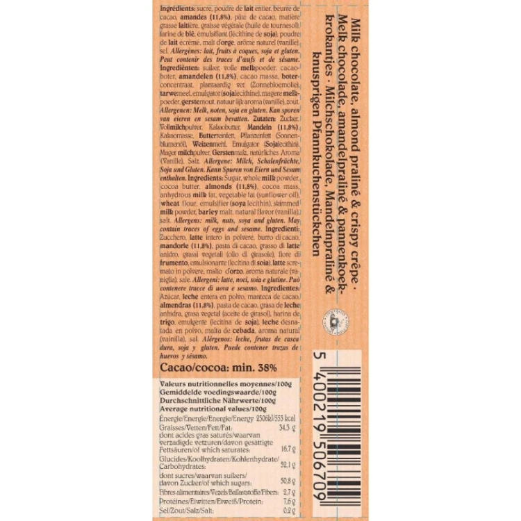 Baton Café-Tasse Almond Praliné 45 g – tylna strona opakowania