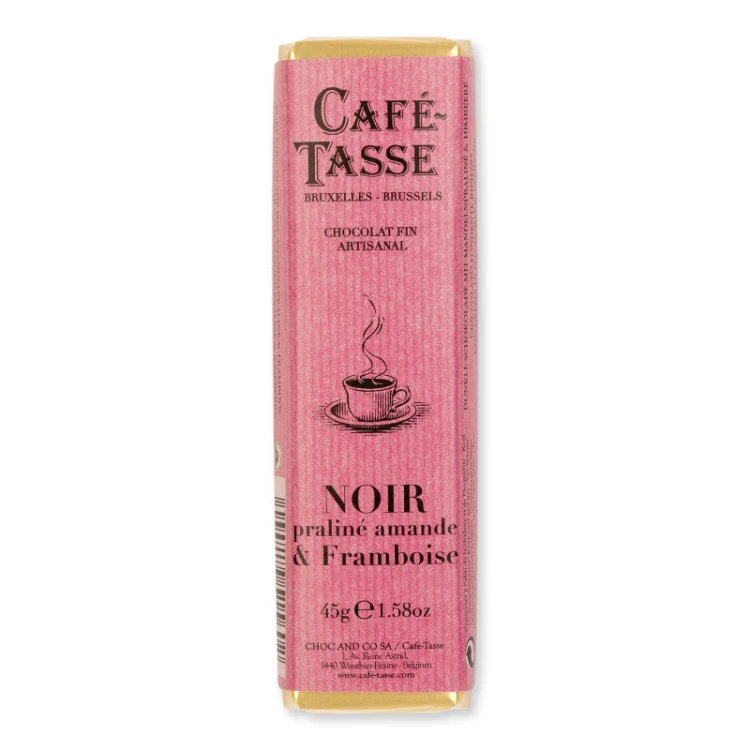 Baton Café-Tasse Almond Praliné & Raspberry 45 g – baton z gorzkiej czekolady z maliną