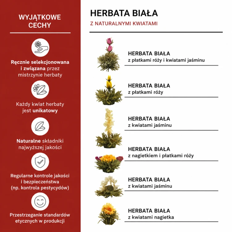 Białe herbaty kwitnące Creano – 6 kompozycji z jaśminem, różą i nagietkiem
