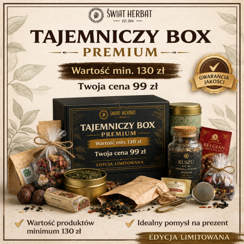 Tajemniczy box premium zestaw herbat słodyczy i akcesoriów świat herbat