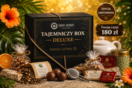 Tajemniczy Box Deluxe Świat Herbat – zestaw herbat premium, słodyczy i akcesoriów do parzenia o wartości minimum 220 zł, cena 180 zł