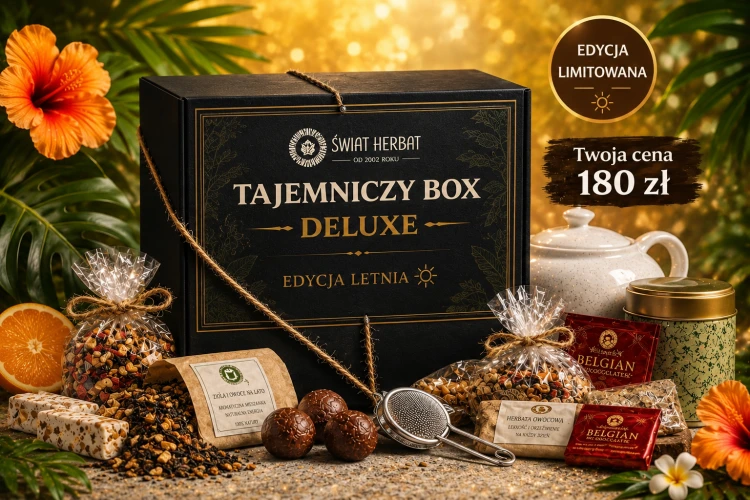 Tajemniczy Box Deluxe Świat Herbat – zestaw herbat premium, słodyczy i akcesoriów do parzenia o wartości minimum 220 zł, cena 180 zł