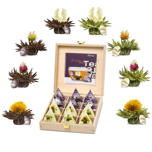 Creano Teelini White & Black Tea – elegancki zestaw 12 kwitnących herbat w drewnianym pudełku prezentowym. Biała i czarna herbata z naturalnymi kwiatami i aromatami.