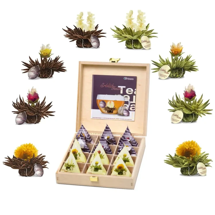 Creano Teelini White & Black Tea – elegancki zestaw 12 kwitnących herbat w drewnianym pudełku prezentowym. Biała i czarna herbata z naturalnymi kwiatami i aromatami.