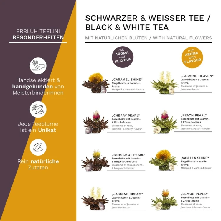 Kwitnące herbaty Creano Teelini White & Black Tea z aromatami jaśminu, karmelu, wanilii, cytryny, wiśni, brzoskwini i bergamotki.