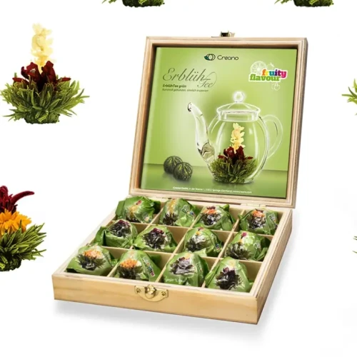 Creano Blooming Tea – zestaw 12 kwitnących zielonych herbat w eleganckim drewnianym pudełku prezentowym z naturalnymi kwiatami i owocowymi aromatami.