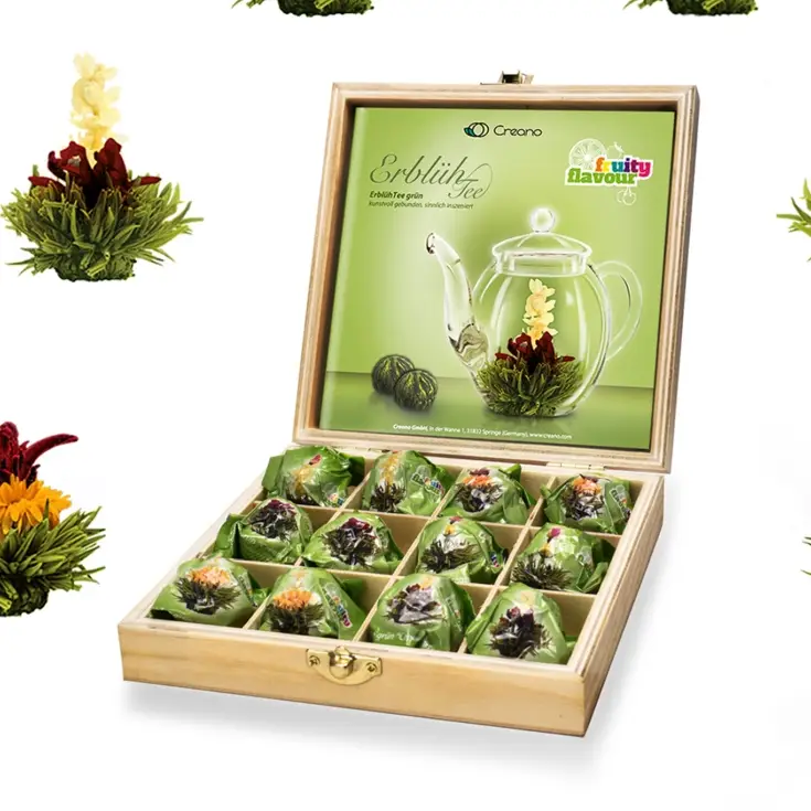 Creano Blooming Tea – zestaw 12 kwitnących zielonych herbat w eleganckim drewnianym pudełku prezentowym z naturalnymi kwiatami i owocowymi aromatami.