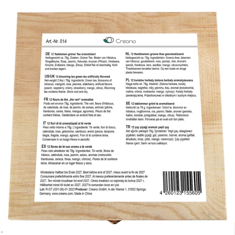 Informacje produktowe zestawu Creano Blooming Tea – skład, warianty smakowe i dane produktu.