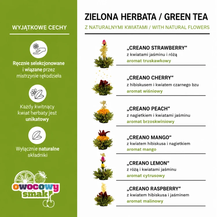 Zielone kwitnące herbaty Creano z aromatami truskawki, wiśni, mango, cytryny, maliny i brzoskwini oraz naturalnymi kwiatami.