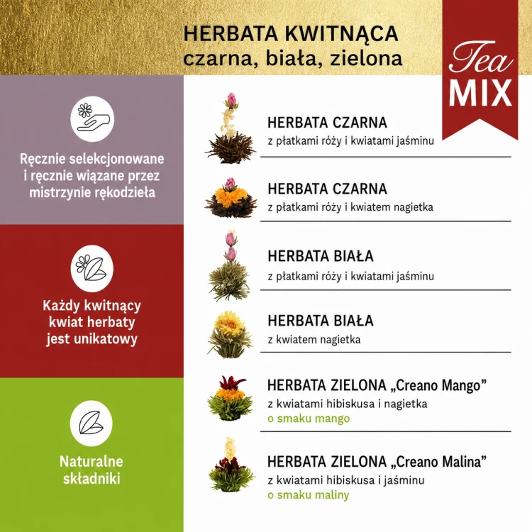 Kwitnące herbaty Creano MIX – biała, zielona i czarna herbata z naturalnymi kwiatami oraz aromatami mango i maliny.