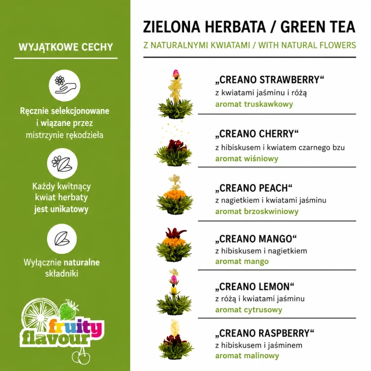 Kwitnące zielone herbaty Creano z aromatami truskawki, wiśni, mango, cytryny, maliny i brzoskwini.