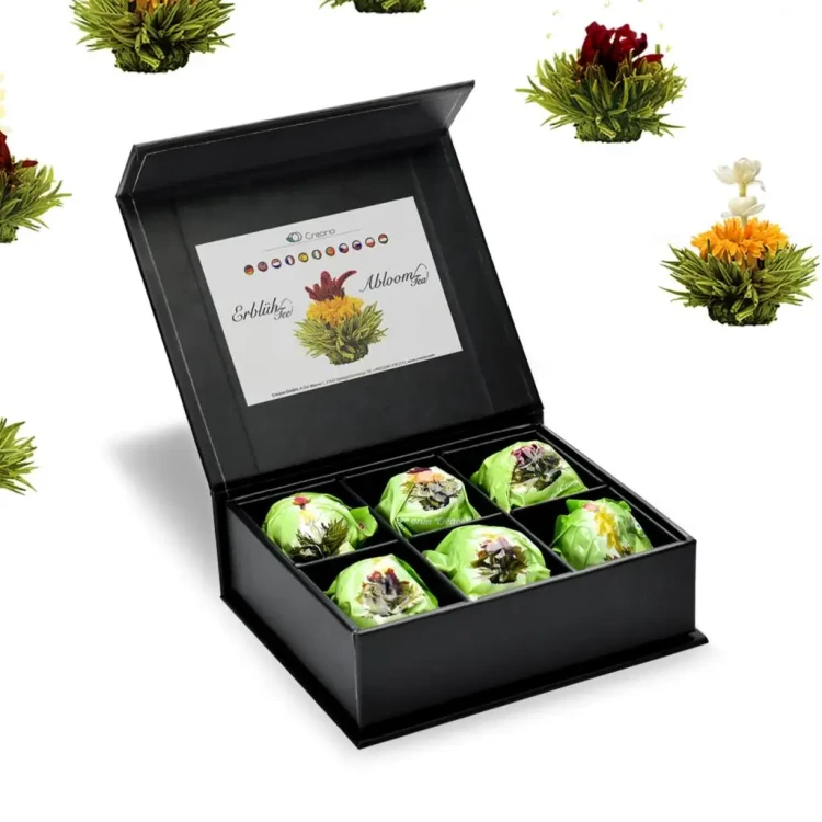 Creano Magnetic Box Green Tea – elegancki zestaw 6 kwitnących zielonych herbat w czarnym pudełku magnetycznym premium.