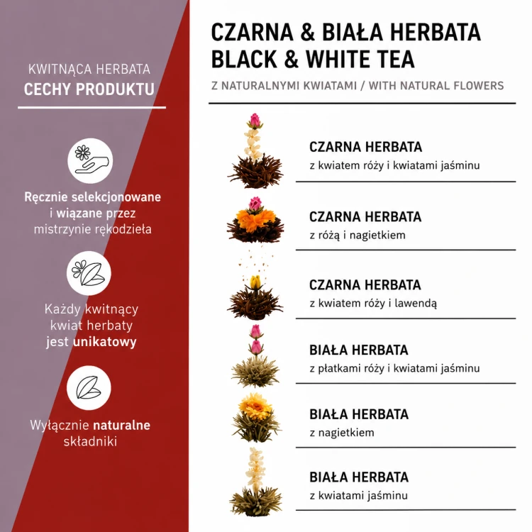 Kwitnące herbaty Creano Black & White Tea z naturalnymi kwiatami jaśminu, róży, lawendy i nagietka.