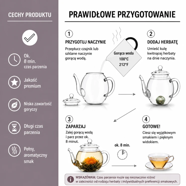 Instrukcja przygotowania kwitnącej czarnej herbaty Creano – temperatura wody i czas parzenia.