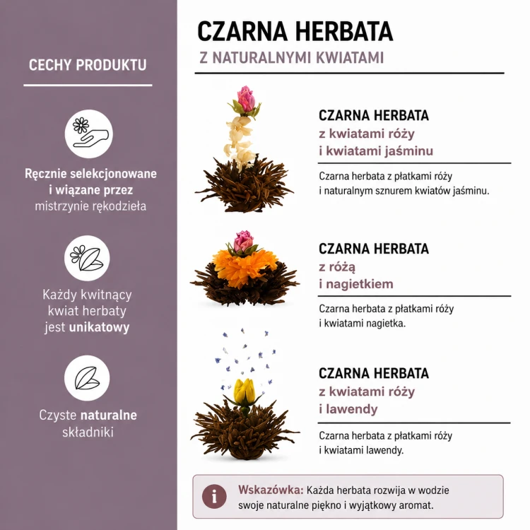 Kwitnące czarne herbaty Creano z różą, jaśminem, lawendą i nagietkiem – warianty premium.