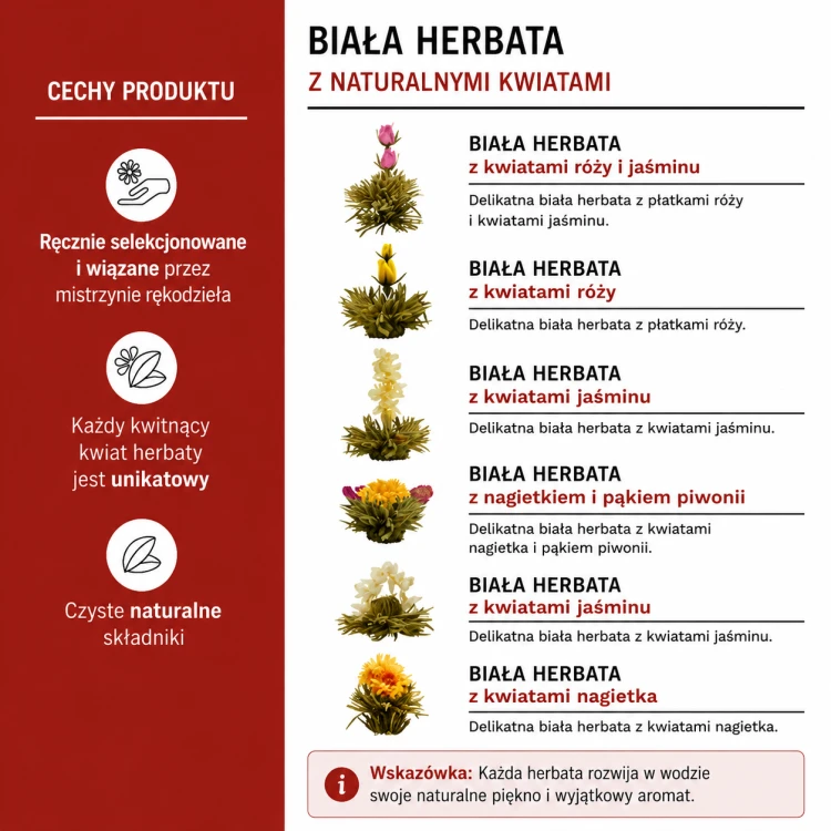 Biała herbata kwitnąca Creano – różne warianty kwiatowe z jaśminem, różą, nagietkiem i piwonią. Ręcznie wiązane kule herbaciane premium.