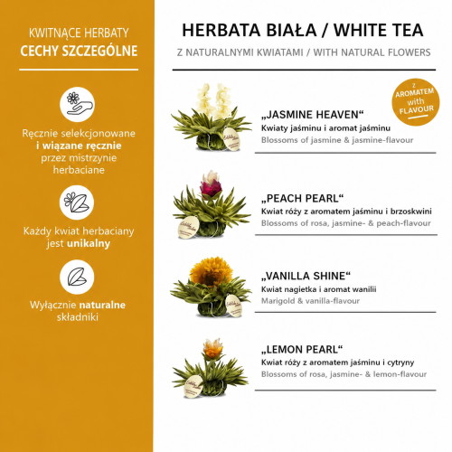 Kwitnące herbaty białe CREANO z naturalnymi kwiatami – Jasmine Heaven, Peach Pearl, Vanilla Shine i Lemon Pearl.