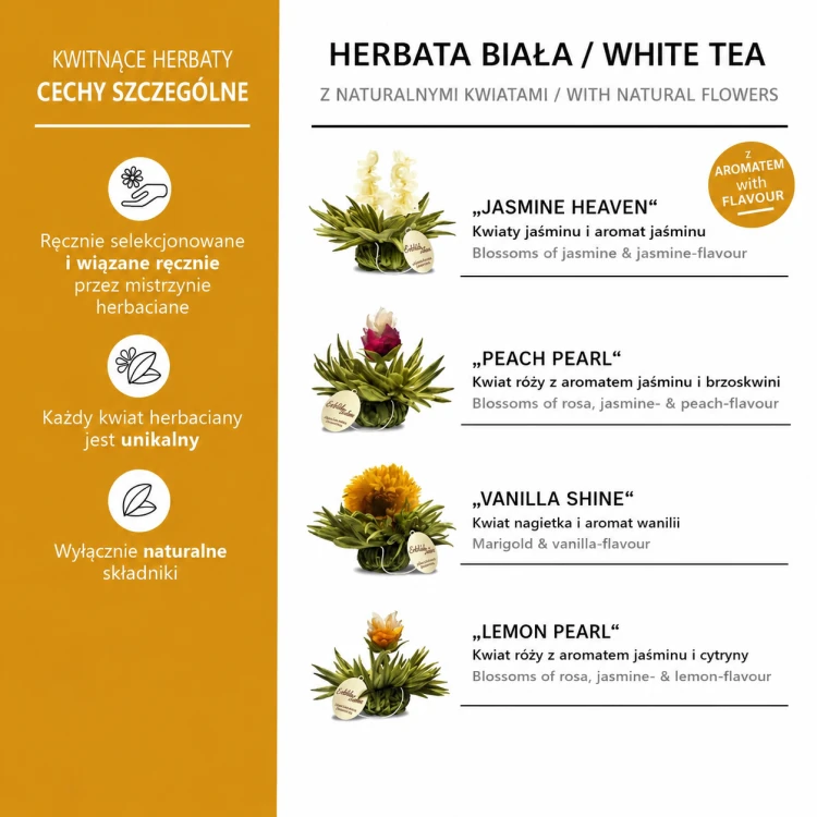 Kwitnące herbaty białe CREANO z naturalnymi kwiatami – Jasmine Heaven, Peach Pearl, Vanilla Shine i Lemon Pearl.