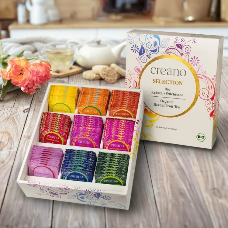 Zestaw CREANO Organic Fruit Herbal Tea BIO – 90 ekologicznych herbatek owocowo-ziołowych w eleganckim opakowaniu prezentowym.