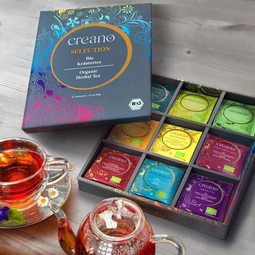 Elegancki zestaw CREANO Organic Herbal Tea BIO z 27 ekologicznymi herbatkami w 9 smakach ziołowych, owocowych i korzennych.