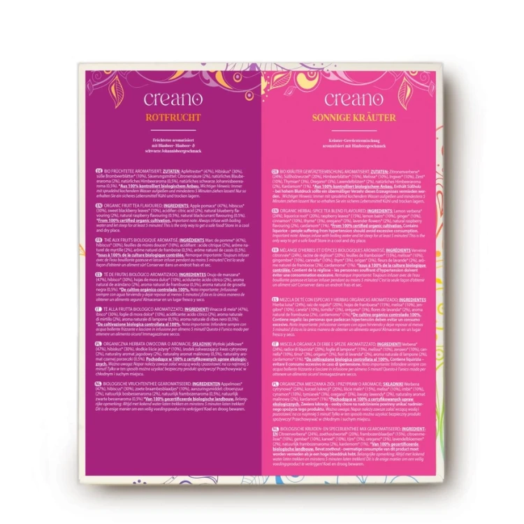 Tył opakowania CREANO Organic Tea Blend BIO z informacjami o smakach, składach i sposobie przygotowania herbatek.