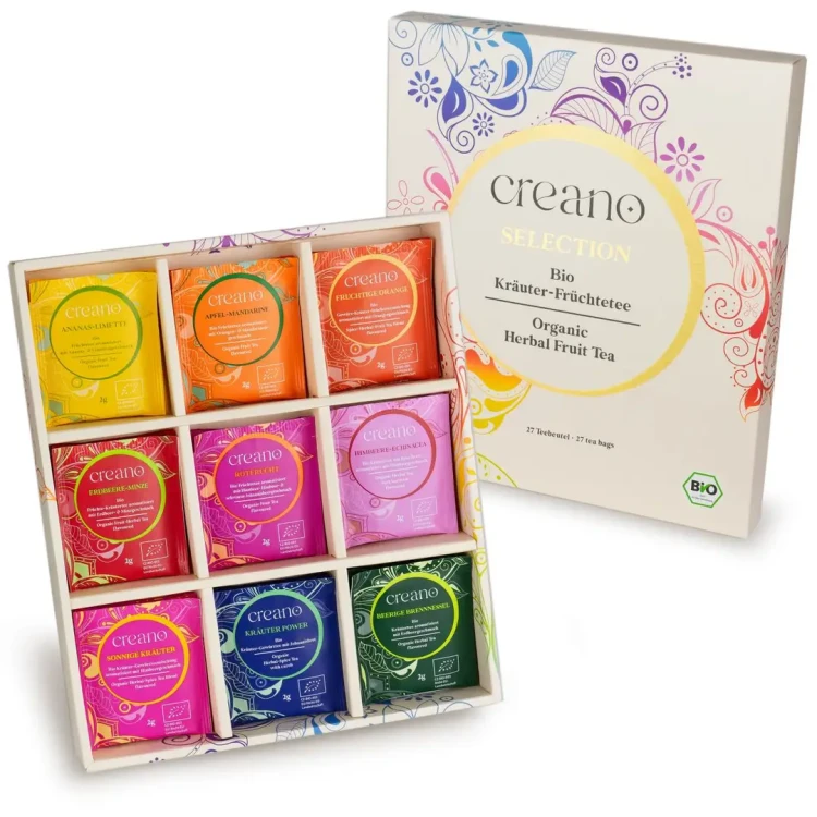 Elegancki zestaw CREANO Organic Tea Blend BIO zawierający 27 ekologicznych herbatek owocowo-ziołowych w 9 różnych smakach.