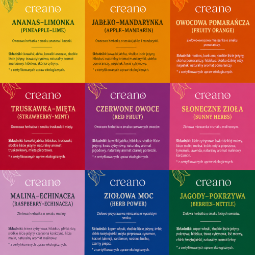 Herbatki CREANO Organic Tea Blend BIO – Ananas-Limonka, Jabłko-Mandarynka, Owocowa Pomarańcza i inne ekologiczne smaki.