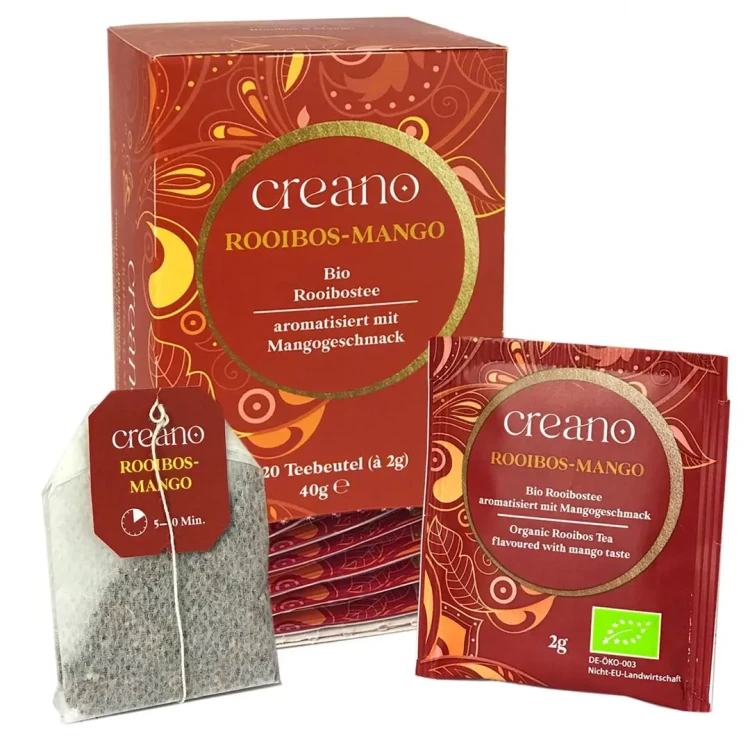 Creano Organic Rooibos Mango BIO – ekologiczny rooibos z mango w 20 saszetkach, łagodna herbata bez kofeiny.
