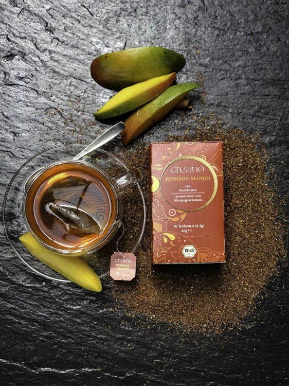 Rooibos Mango BIO CREANO – ekologiczna herbata rooibos w saszetkach o łagodnym smaku mango.
